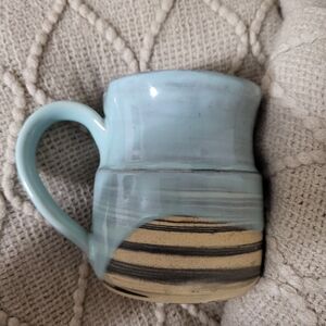 13 Oz. Handcrafted Blue and Tan Ceramic Travel Mug With Lid